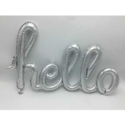 HELLO Shape Holographic Silver Script Letters Foil Mylar Balloons